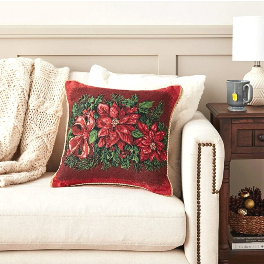 New 2 Seasonal Poinsettia Floral Reversible Pillow Cover 18×18 inches